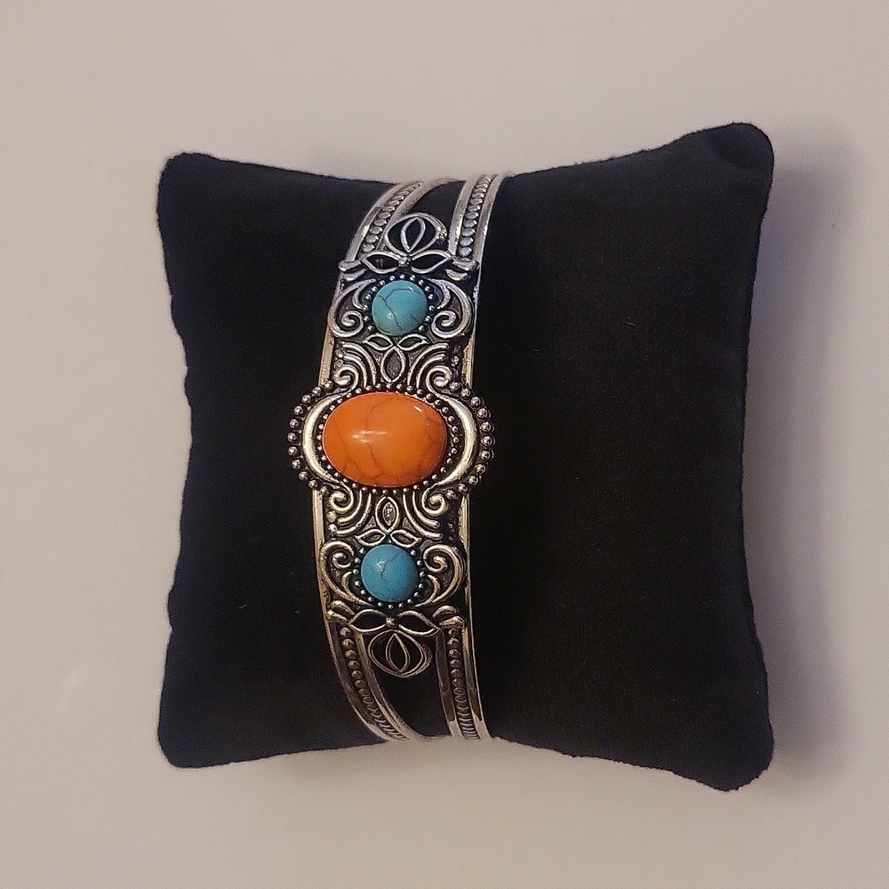 Silvertone Bangle with Faux Orange and Turquoise Stones